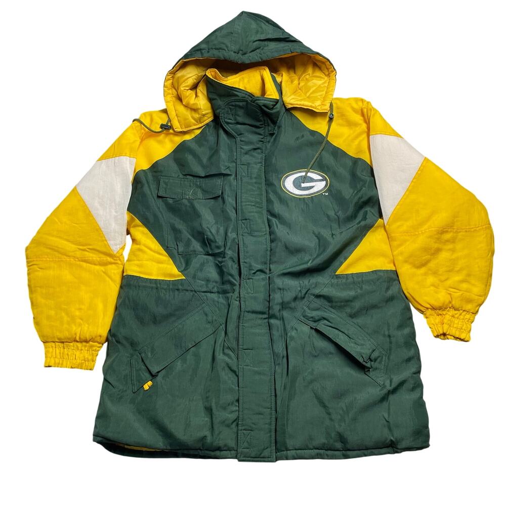 Vintage Green Bay Packers Logo 7 NFL Hooded Puffer Jacket Coat Mens Large Nylon